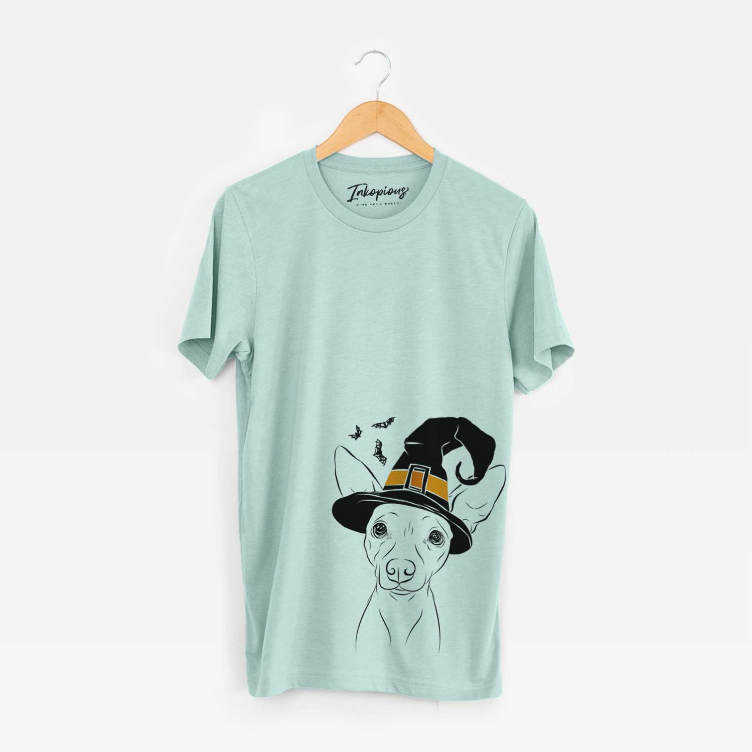 Hand-drawn sketch of Desi the American Hairless Terrier wearing a witch hat on a Heather Sage Unisex crewneck