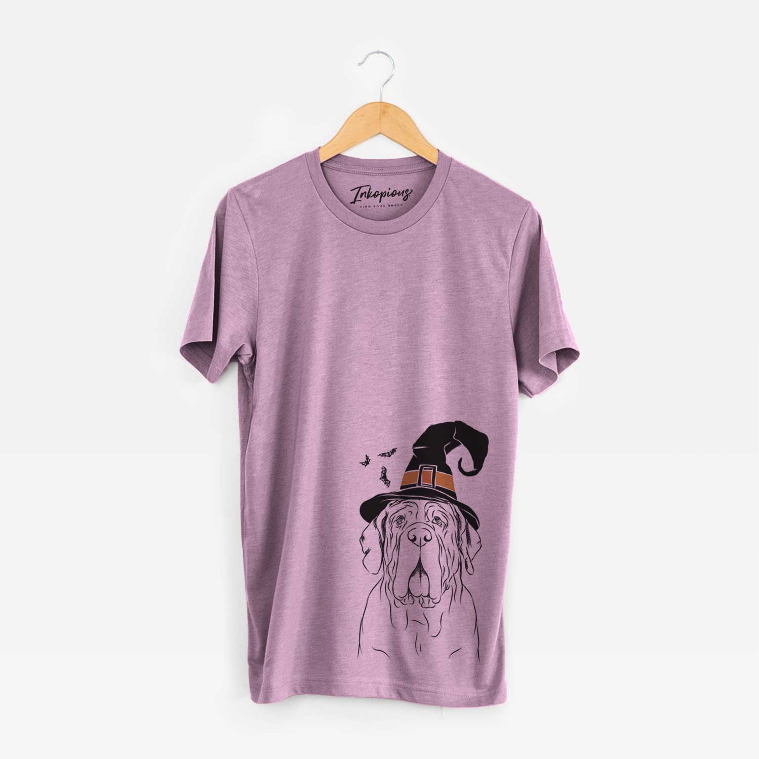 Hand-drawn sketch of Dinah the Neapolitan Mastiff wearing a witch hat on an Orchid Unisex crewneck