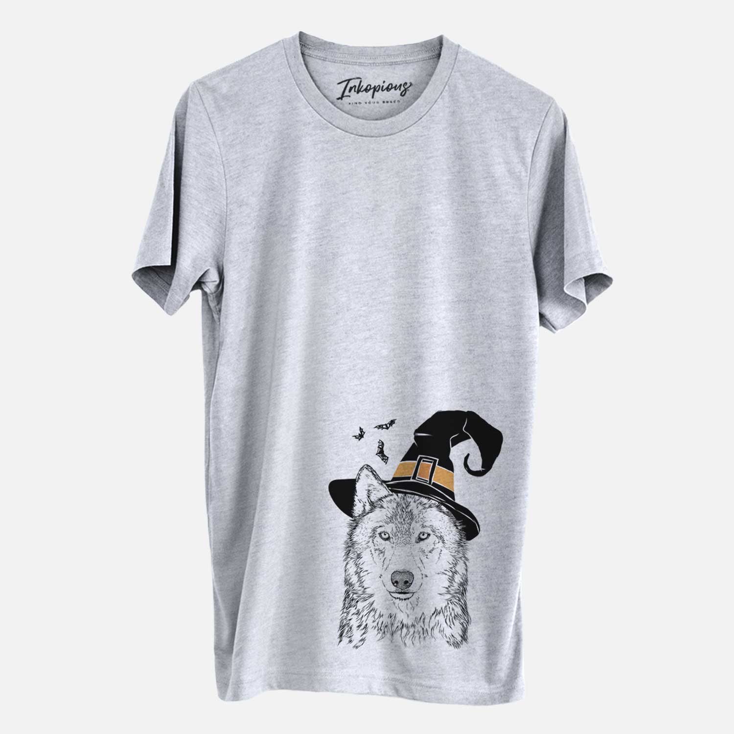 Hand-drawn sketch of Django the Grey Wolf wearing a witch hat on an Unisex crewneck