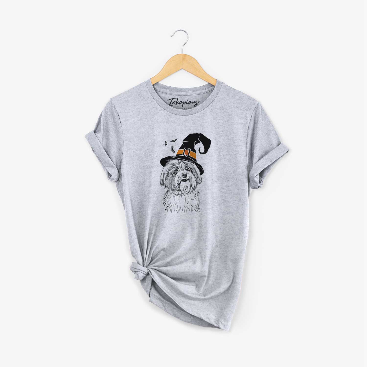 Hand-drawn sketch of Dooley the Havanese wearing a witch hat on a Grey Unisex crewneck