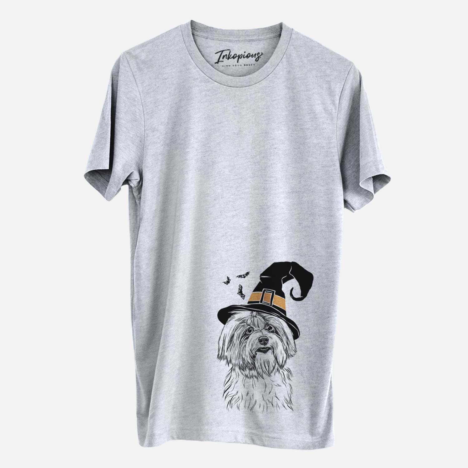 Hand-drawn sketch of Dooley the Havanese wearing a witch hat on a Grey Unisex crewneck