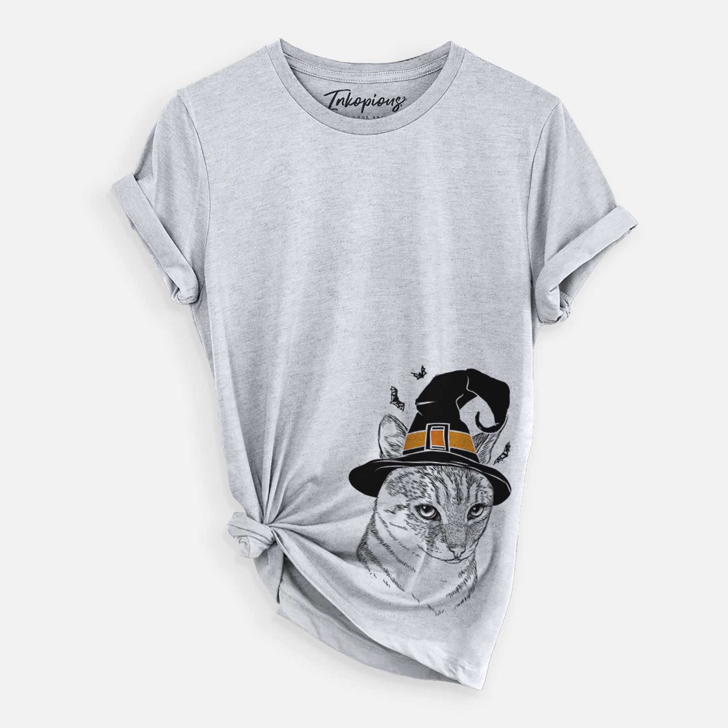Hand-drawn sketch of Dora the Tabby Cat wearing a witch hat on a Grey Unisex crewneck