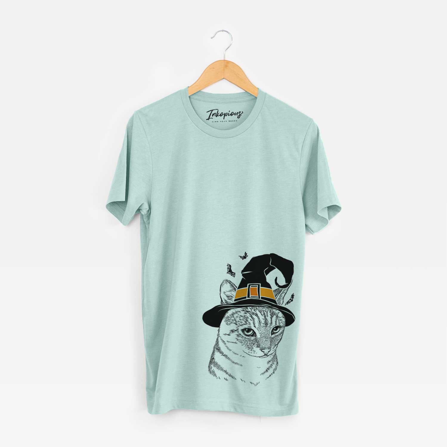 Hand-drawn sketch of Dora the Tabby Cat wearing a witch hat on a Heather Sage Unisex crewneck