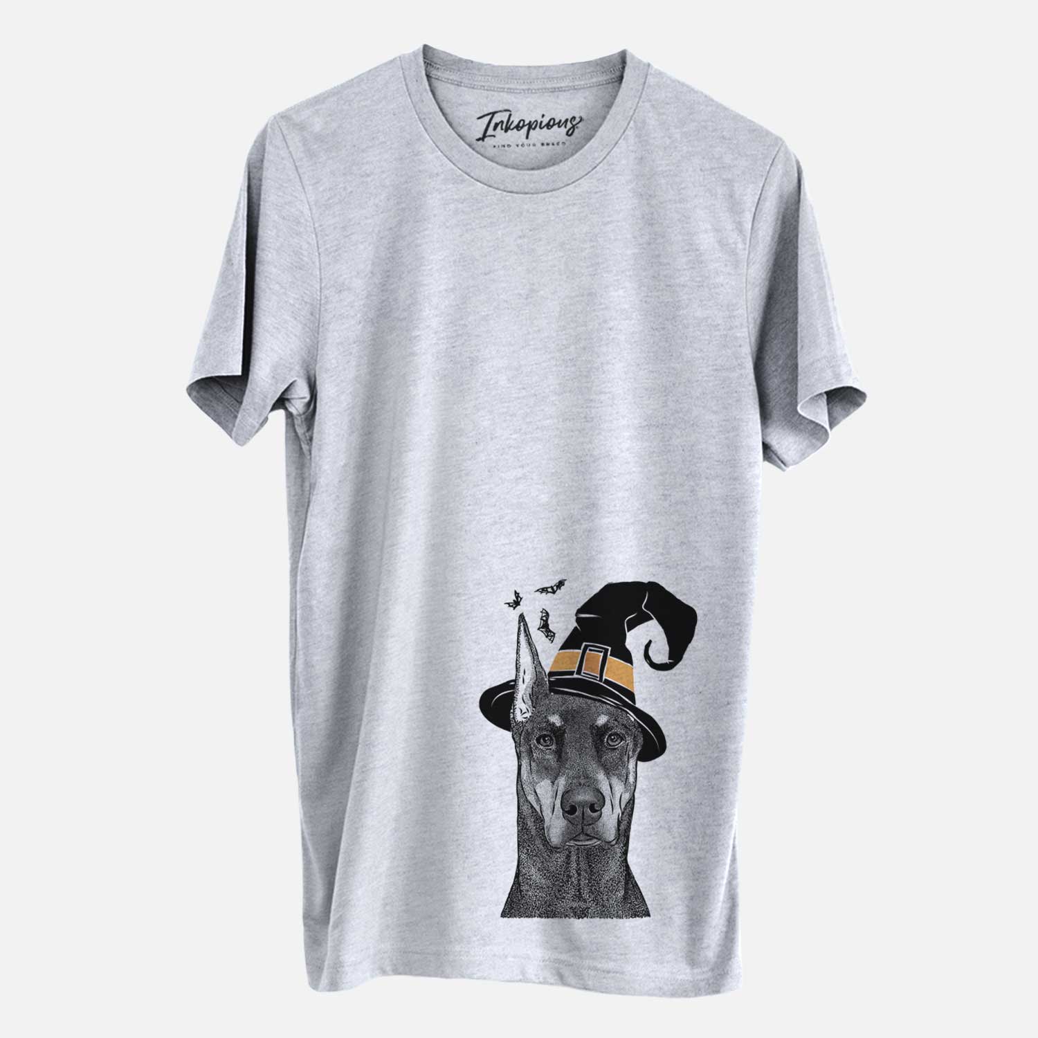 Hand-drawn sketch of Drake the Doberman Pinscher wearing a witch hat on a Grey Unisex crewneck