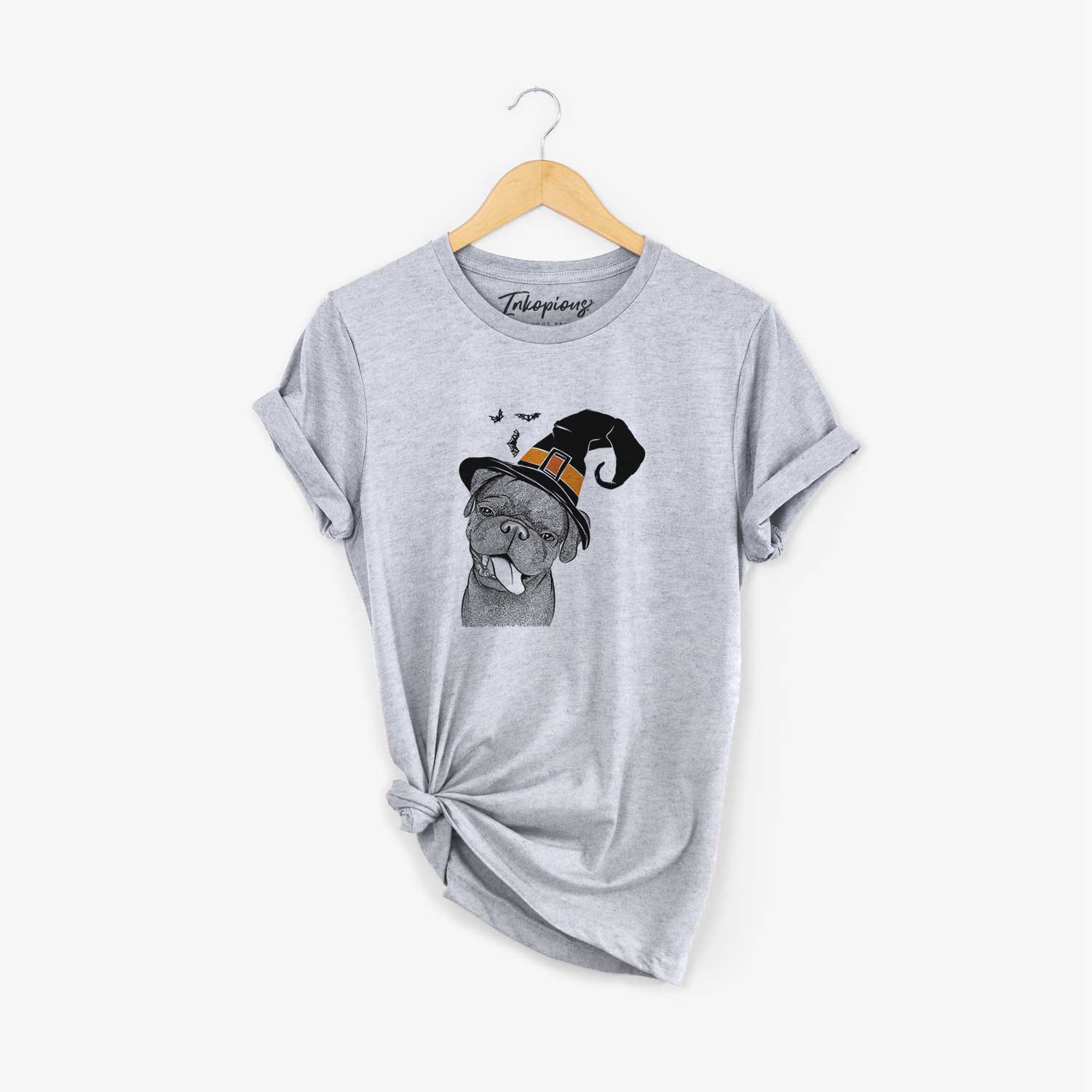 Hand-drawn sketch of Dudley Danger the Pug wearing a witch hat on a Grey Unisex crewneck