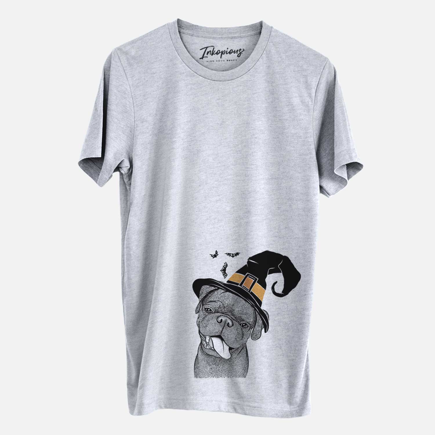 Hand-drawn sketch of Dudley Danger the Pug wearing a witch hat on a Grey Unisex crewneck