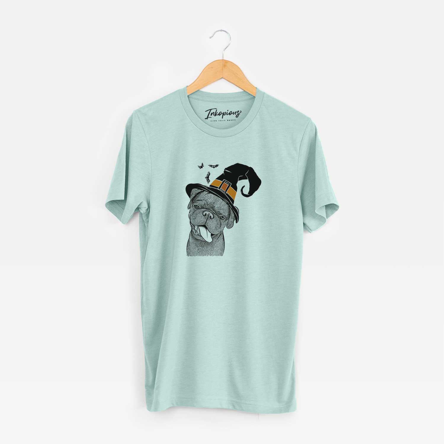 Hand-drawn sketch of Dudley Danger the Pug wearing a witch hat on a Heather Sage Unisex crewneck