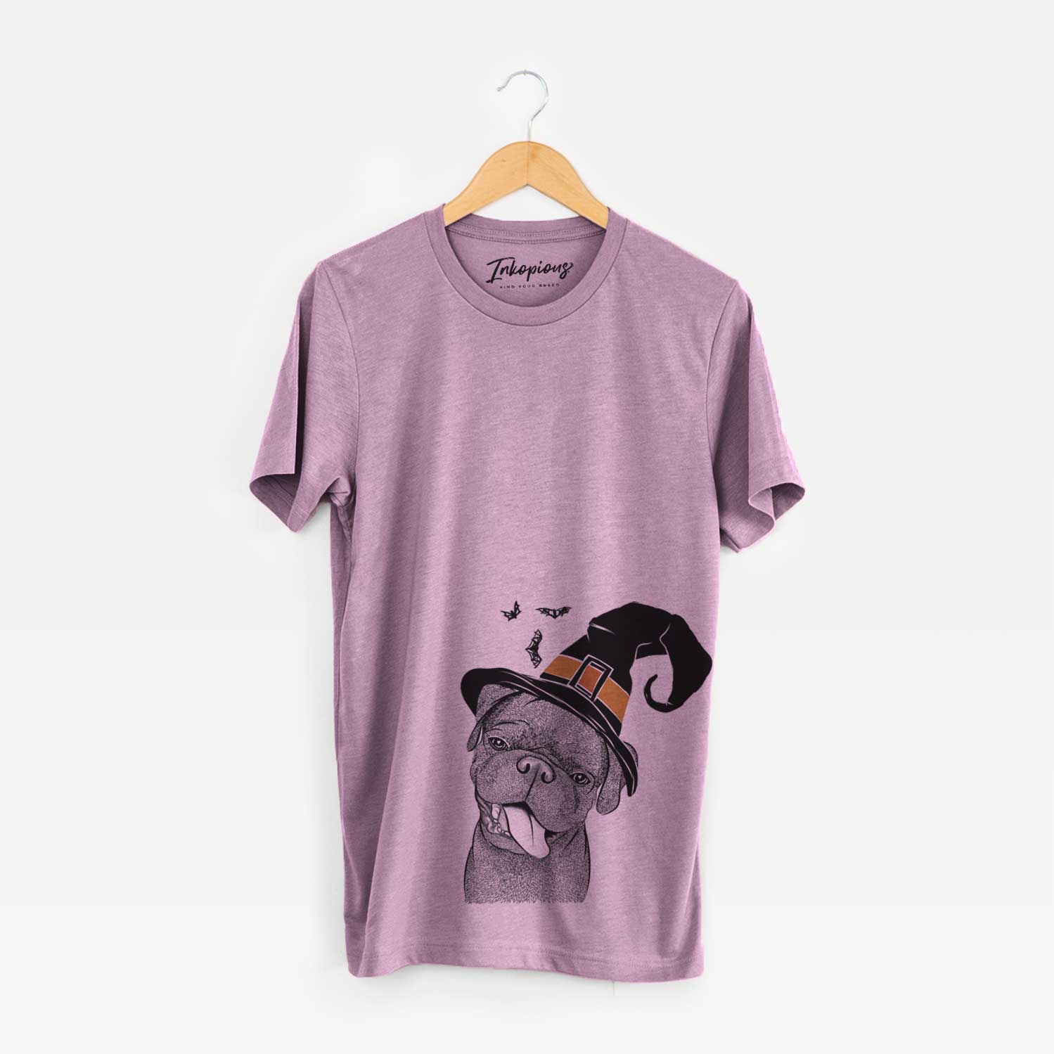 Hand-drawn sketch of Dudley Danger the Pug wearing a witch hat on an Orchid Unisex crewneck