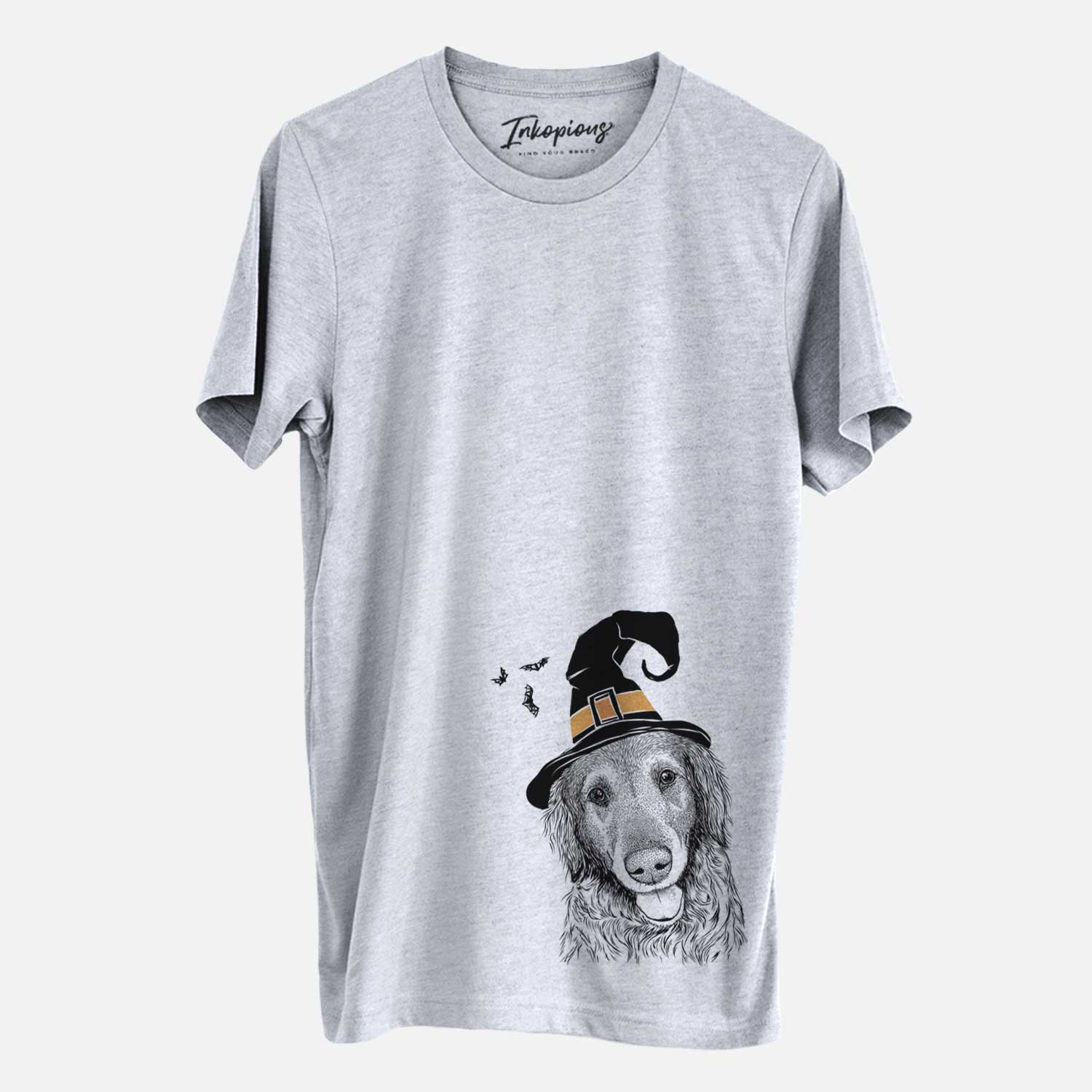 Hand-drawn sketch of Duncan the Golden Retriever wearing a witch hat on a Grey Unisex crewneck