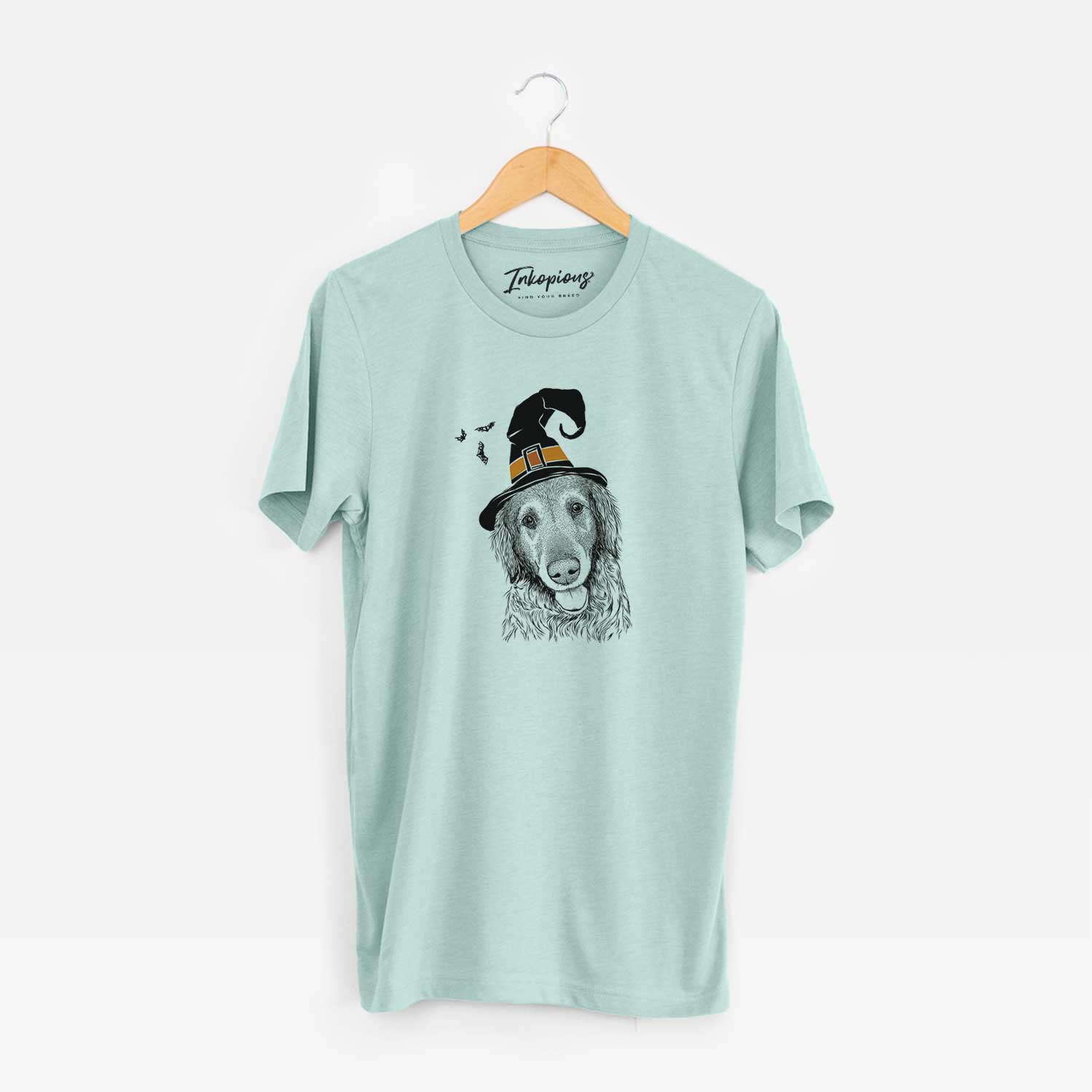 Hand-drawn sketch of Duncan the Golden Retriever wearing a witch hat on a Heather Sage Unisex crewneck