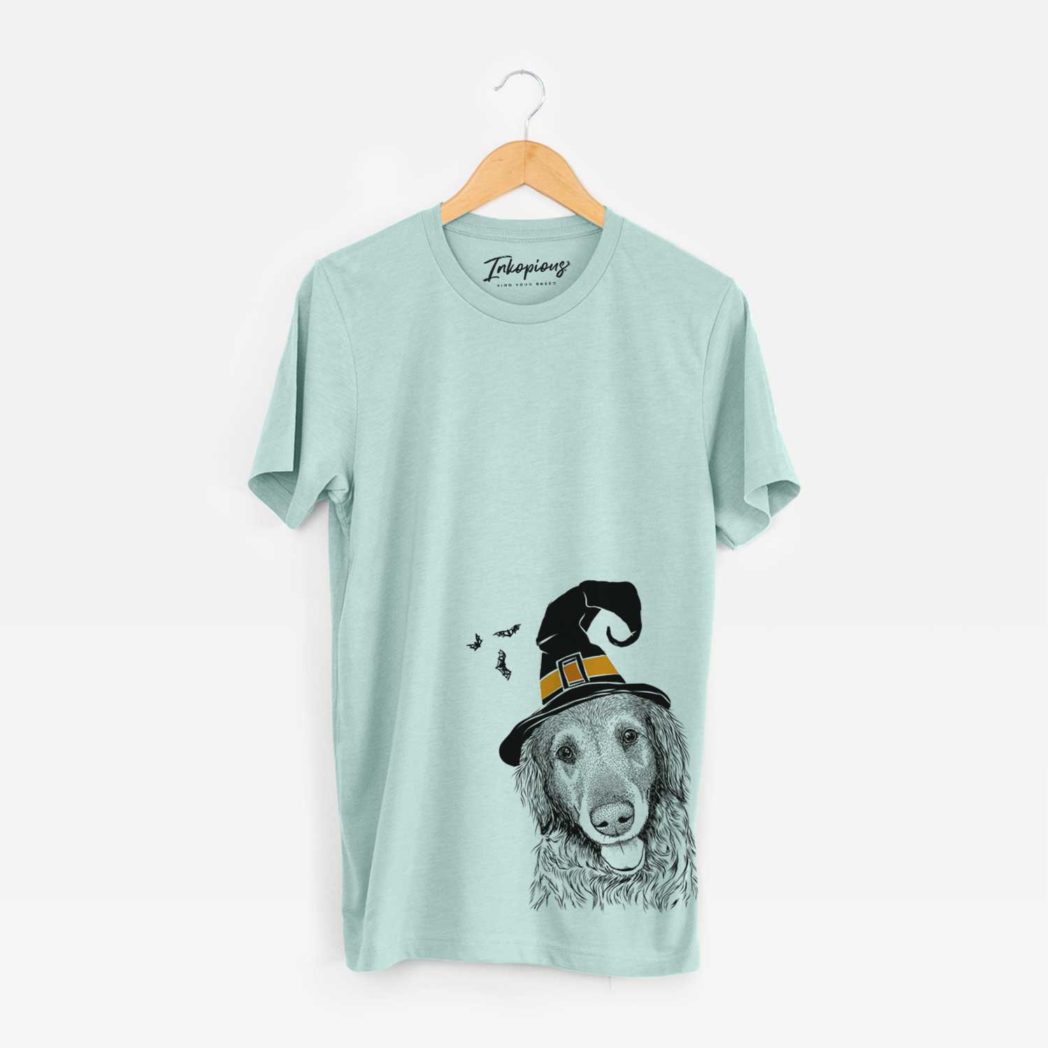 Hand-drawn sketch of Duncan the Golden Retriever wearing a witch hat on a Heather Sage Unisex crewneck