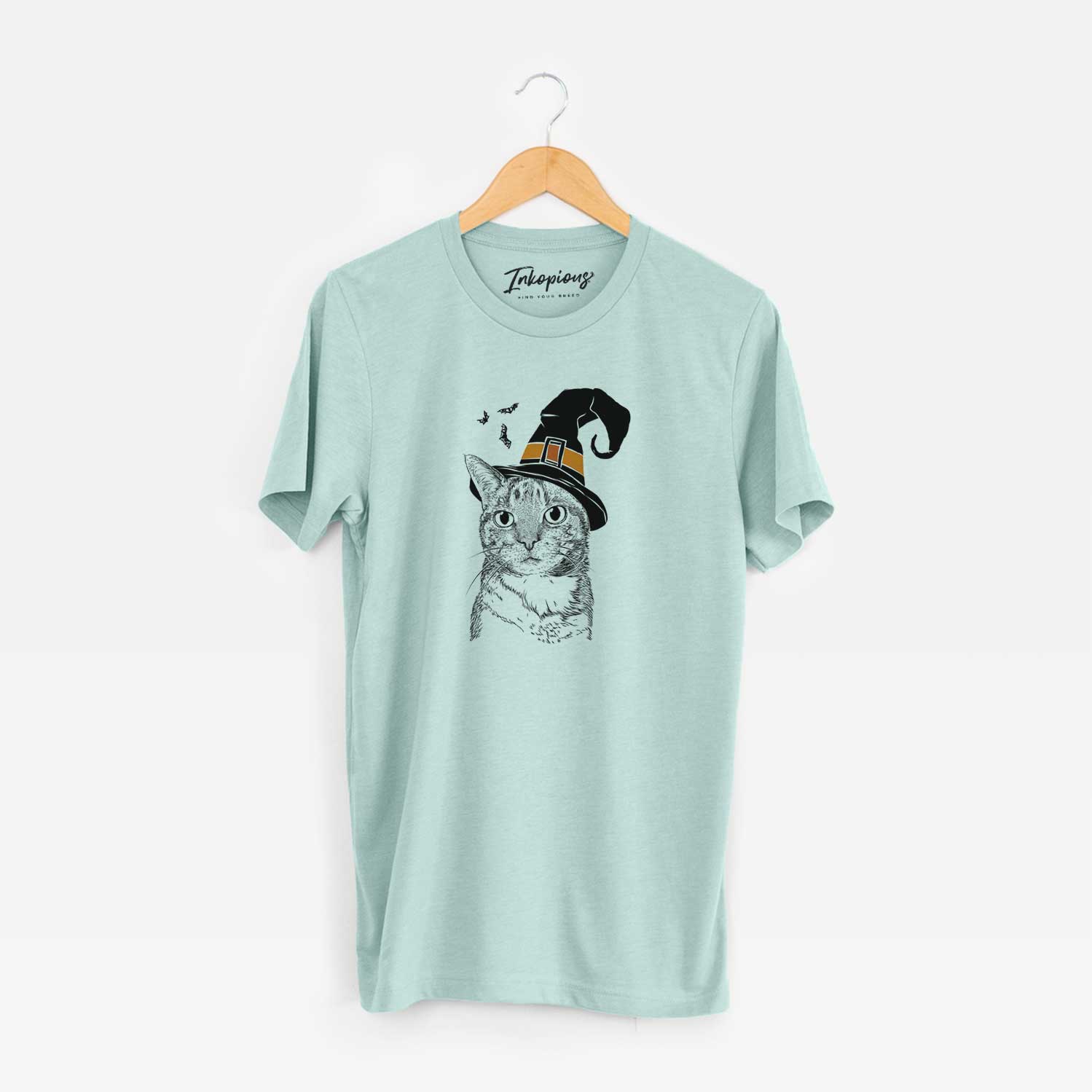 Hand-drawn sketch of Eleanor the Domestic Shorthair Cat wearing a witch hat on a Heather Sage Unisex crewneck