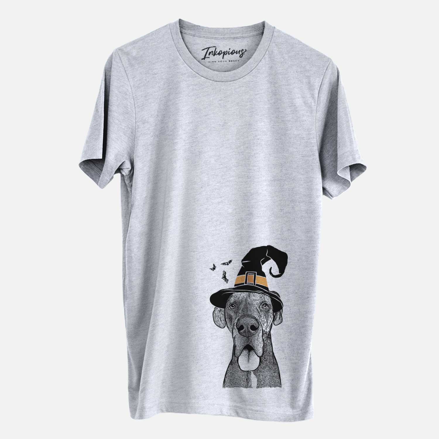Hand-drawn sketch of Eli the Great Dane wearing a witch hat on a Grey Unisex crewneck