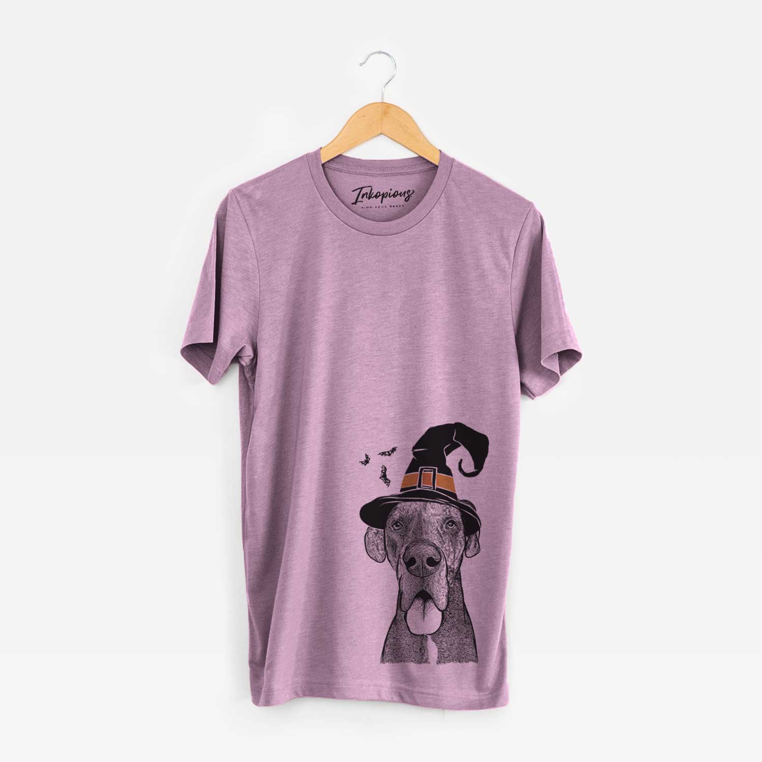 Hand-drawn sketch of Eli the Great Dane wearing a witch hat on an Orchid Unisex crewneck