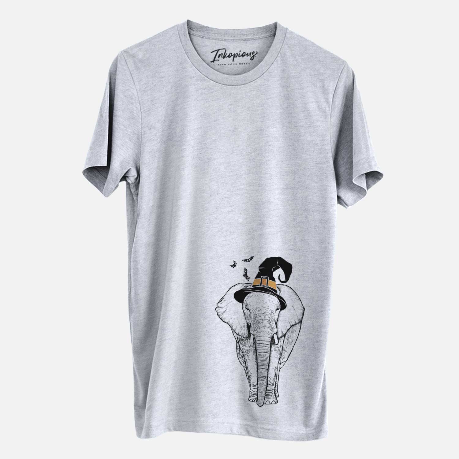 Hand-drawn sketch of Ella the Elephant wearing a witch hat on a Grey Unisex crewneck