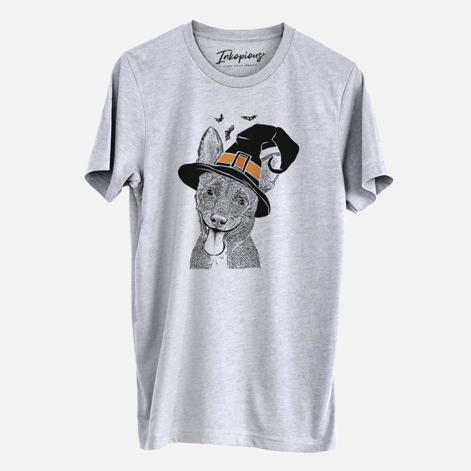Hand-drawn sketch of Elvira the Terrier Mix wearing a witch hat on a Grey Unisex crewneck