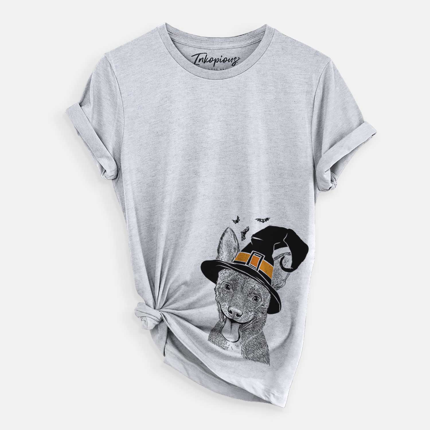 Hand-drawn sketch of Elvira the Terrier Mix wearing a witch hat on a Grey Unisex crewneck