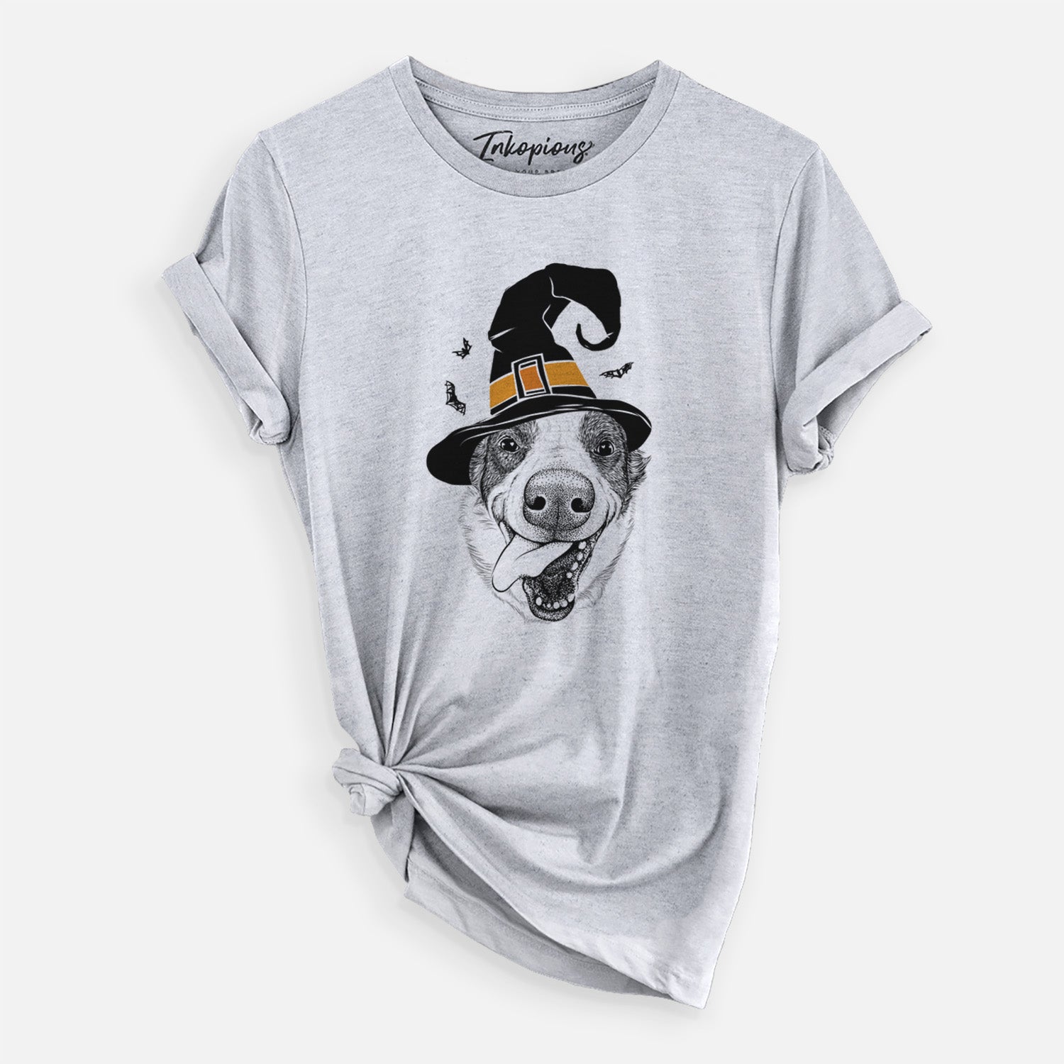 Hand-drawn sketch of Elwood the Border Collie wearing a witch hat on a Grey Unisex crewneck