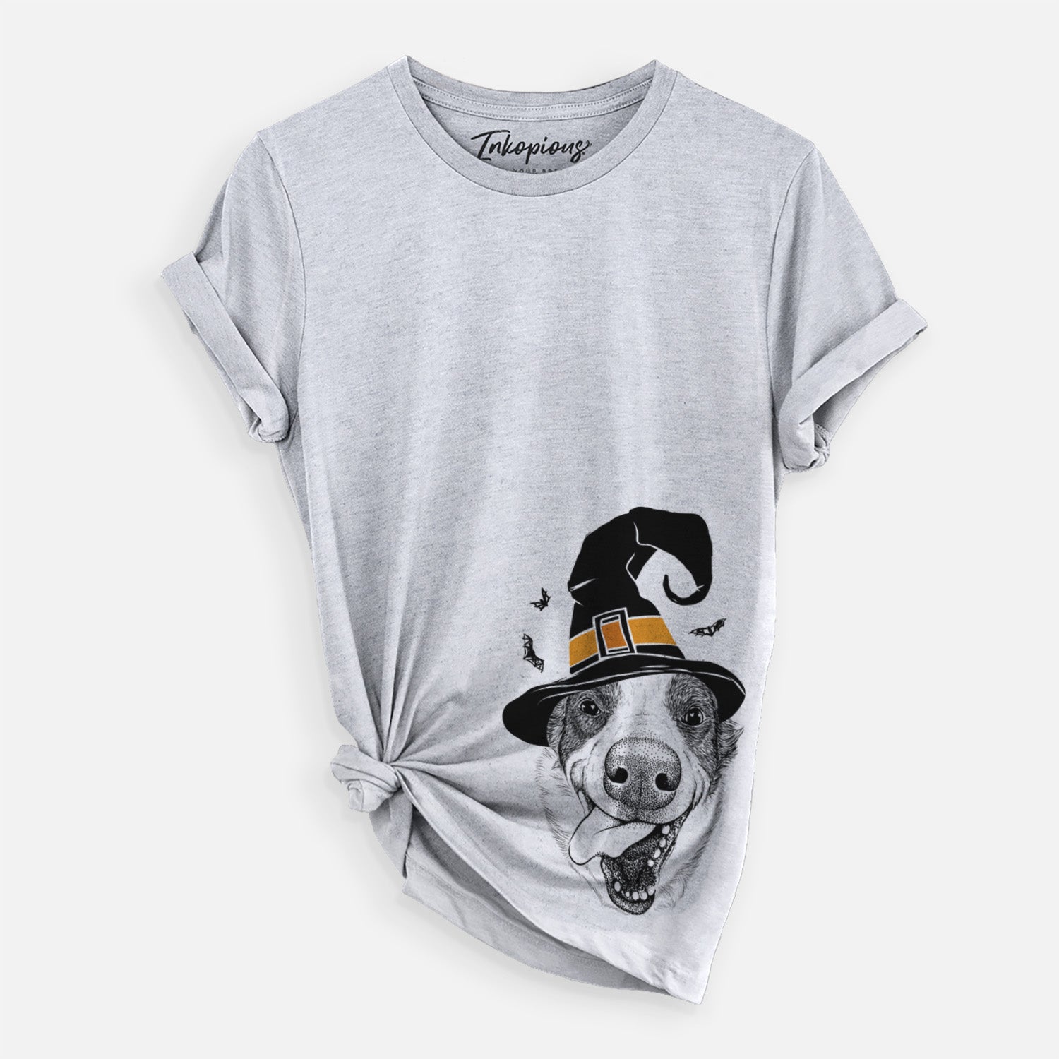Hand-drawn sketch of Elwood the Border Collie wearing a witch hat on a Grey Unisex crewneck