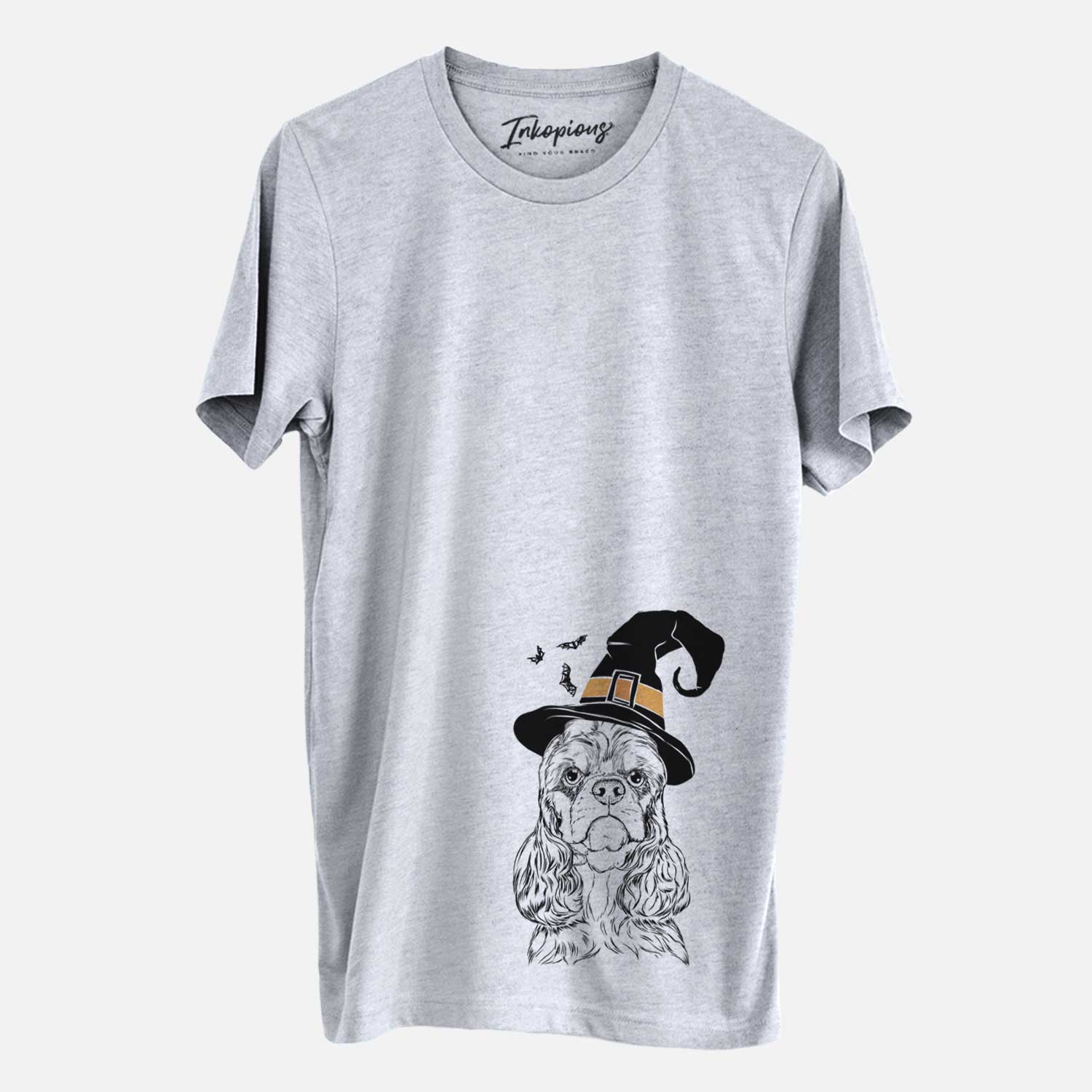 Hand-drawn sketch of Emma the Cocker Spaniel wearing a witch hat on a Grey Unisex crewneck