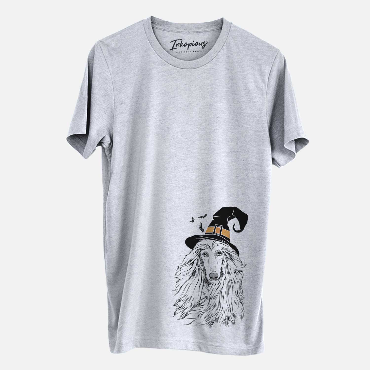 Hand-drawn sketch of Fabio the Afghan Hound wearing a witch hat on a Grey Unisex crewneck