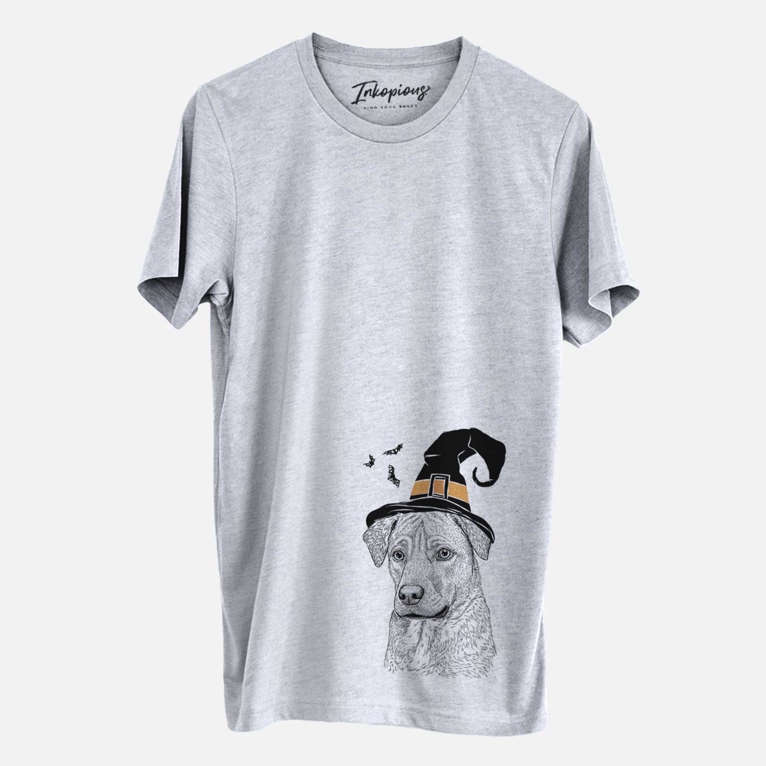 Hand-drawn sketch of Feta the Mixed Breed wearing a witch hat on a Grey Unisex crewneck
