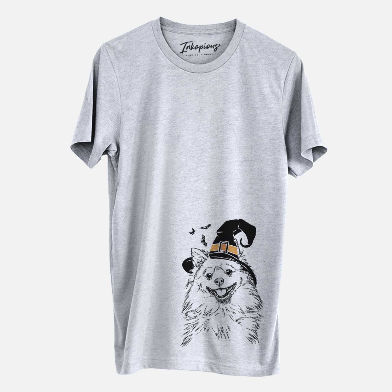 Hand-drawn sketch of Fibi the Spitz wearing a witch hat on a Grey Unisex crewneck