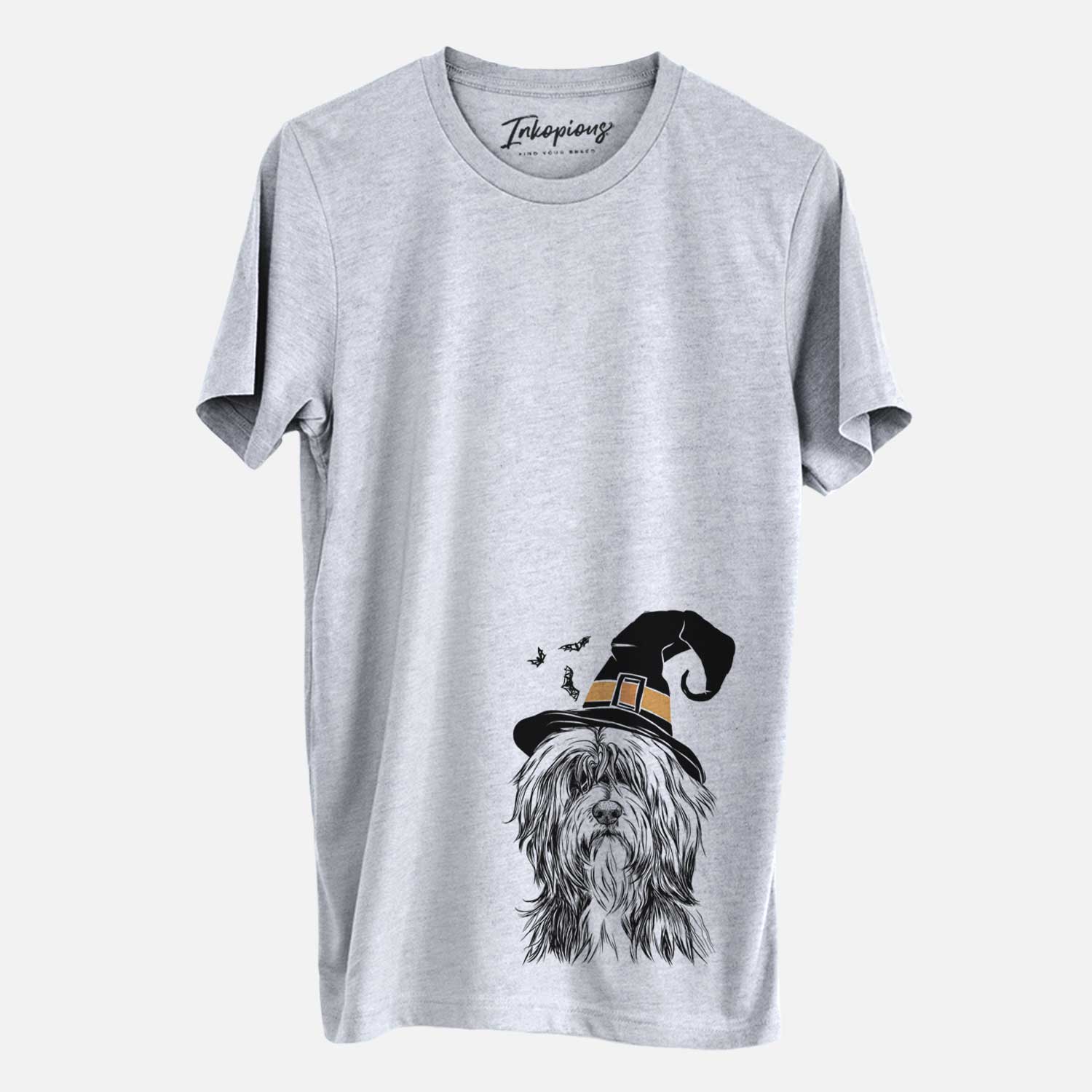 Hand-drawn sketch of Fiji the Polish Lowland Sheepdog wearing a witch hat on a Grey Unisex crewneck