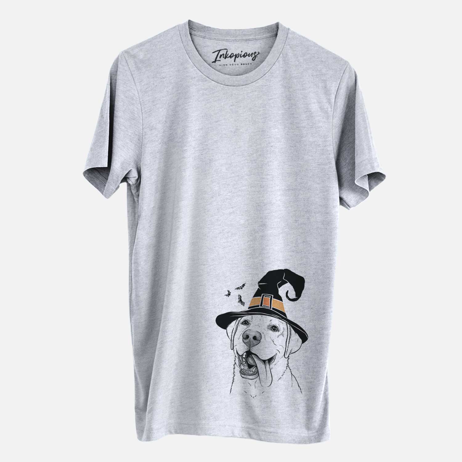 Hand-drawn sketch of Finn the Labrador Retriever wearing a witch hat on a Grey Unisex crewneck