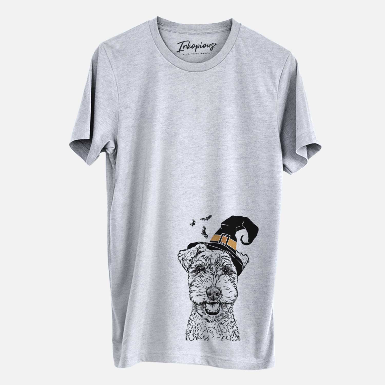 Hand-drawn sketch of Fintan the Irish Troodle wearing a witch hat on a Grey Unisex crewneck