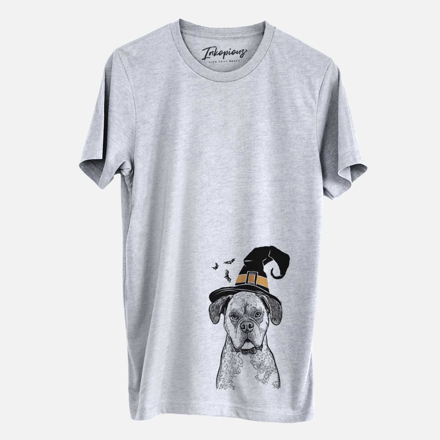 Hand-drawn sketch of Floydie Bear the Boxer wearing a witch hat on a Grey Unisex crewneck