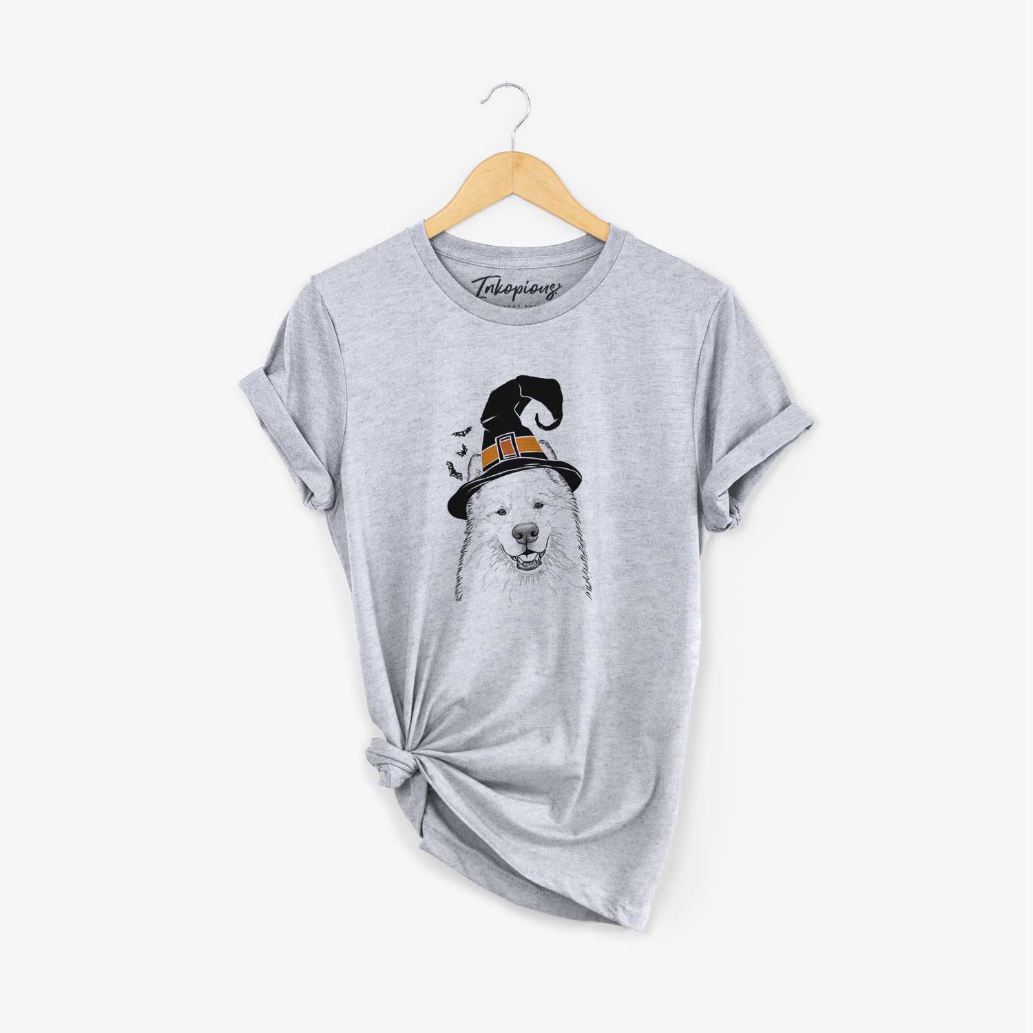 Hand-drawn sketch of Foster the Samoyed wearing a witch hat on a Grey Unisex crewneck