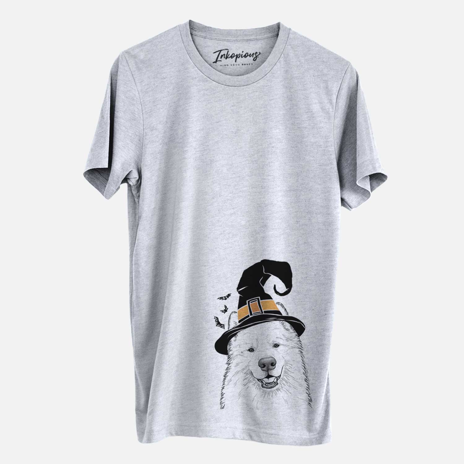 Hand-drawn sketch of Foster the Samoyed wearing a witch hat on a Grey Unisex crewneck