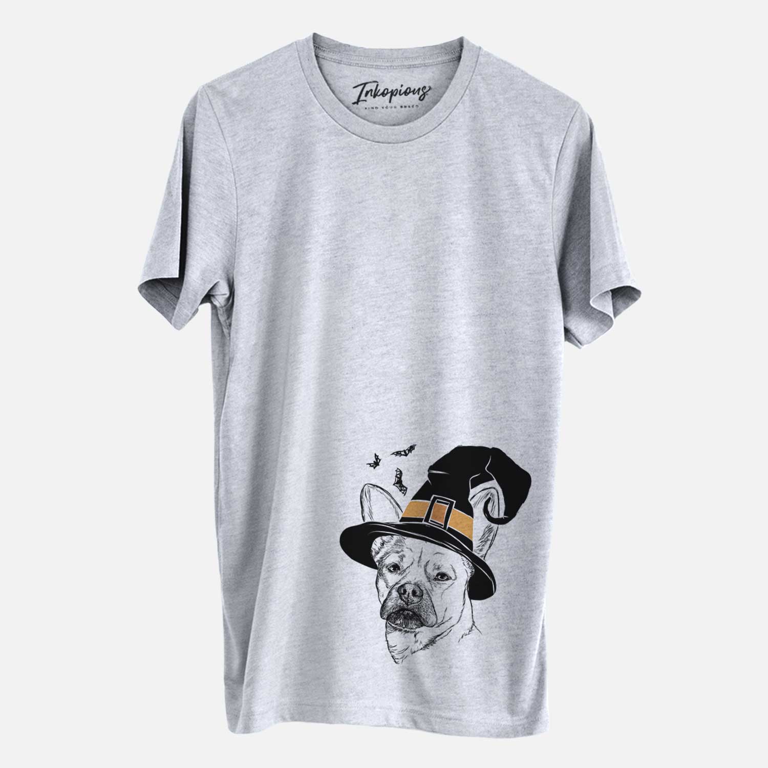 Hand-drawn sketch of Frankie the Mixed Breed wearing a witch hat on a Grey Unisex crewneck