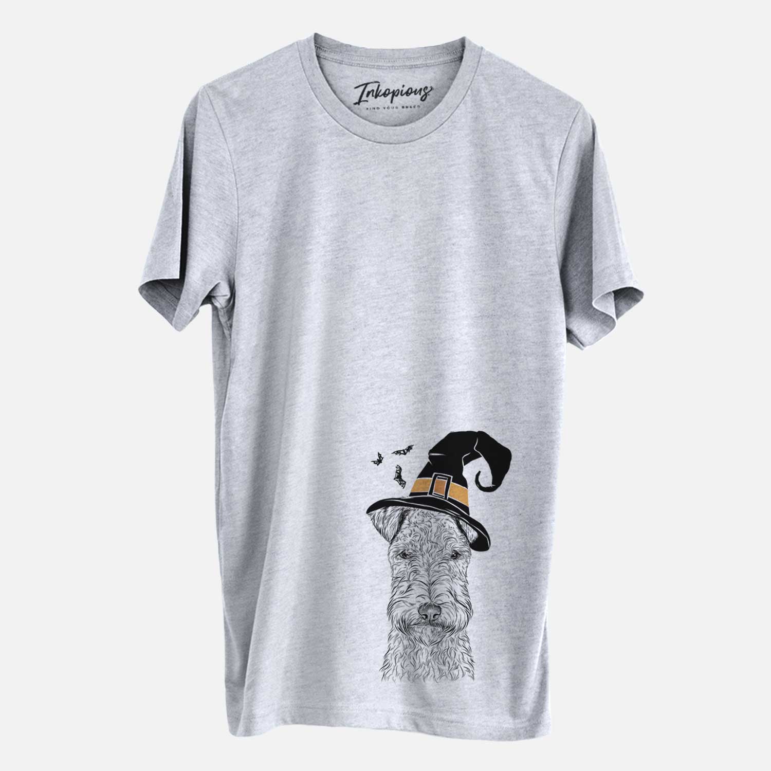 Hand-drawn sketch of Frida the Lakeland Terrier wearing a witch hat on a Grey Unisex crewneck