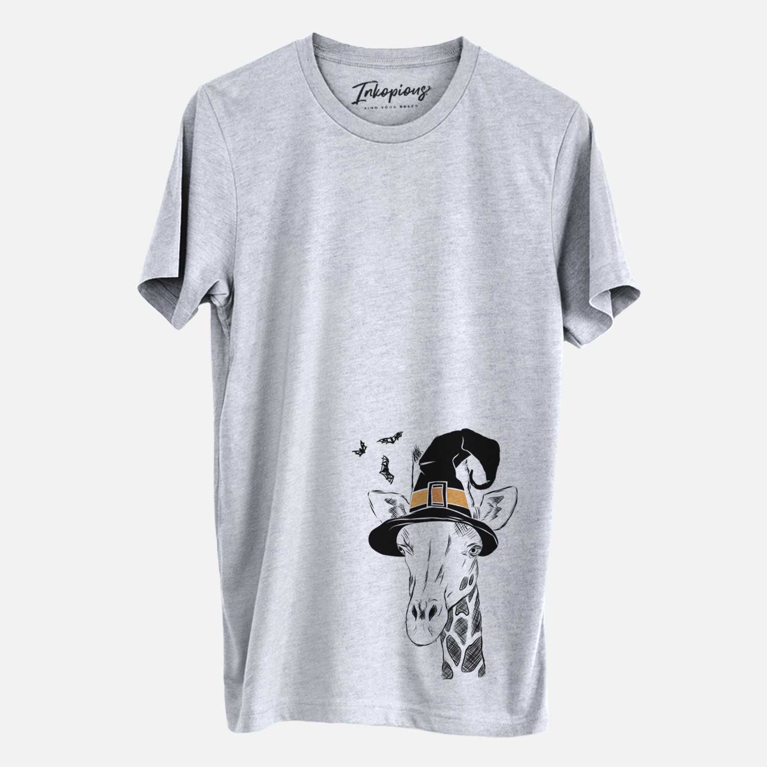Hand-drawn sketch of Geoffrey the Giraffe wearing a witch hat on a Grey Unisex crewneck
