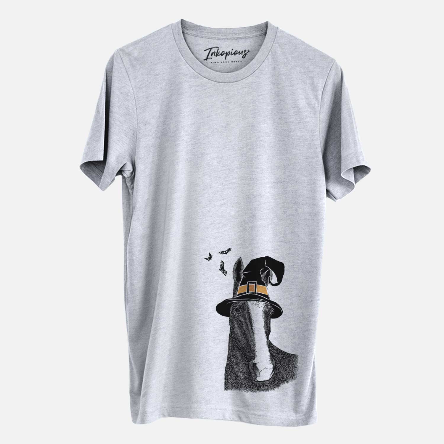 Hand-drawn sketch of Gibson the Tennessee Walking Horse wearing a witch hat on a Grey Unisex crewneck