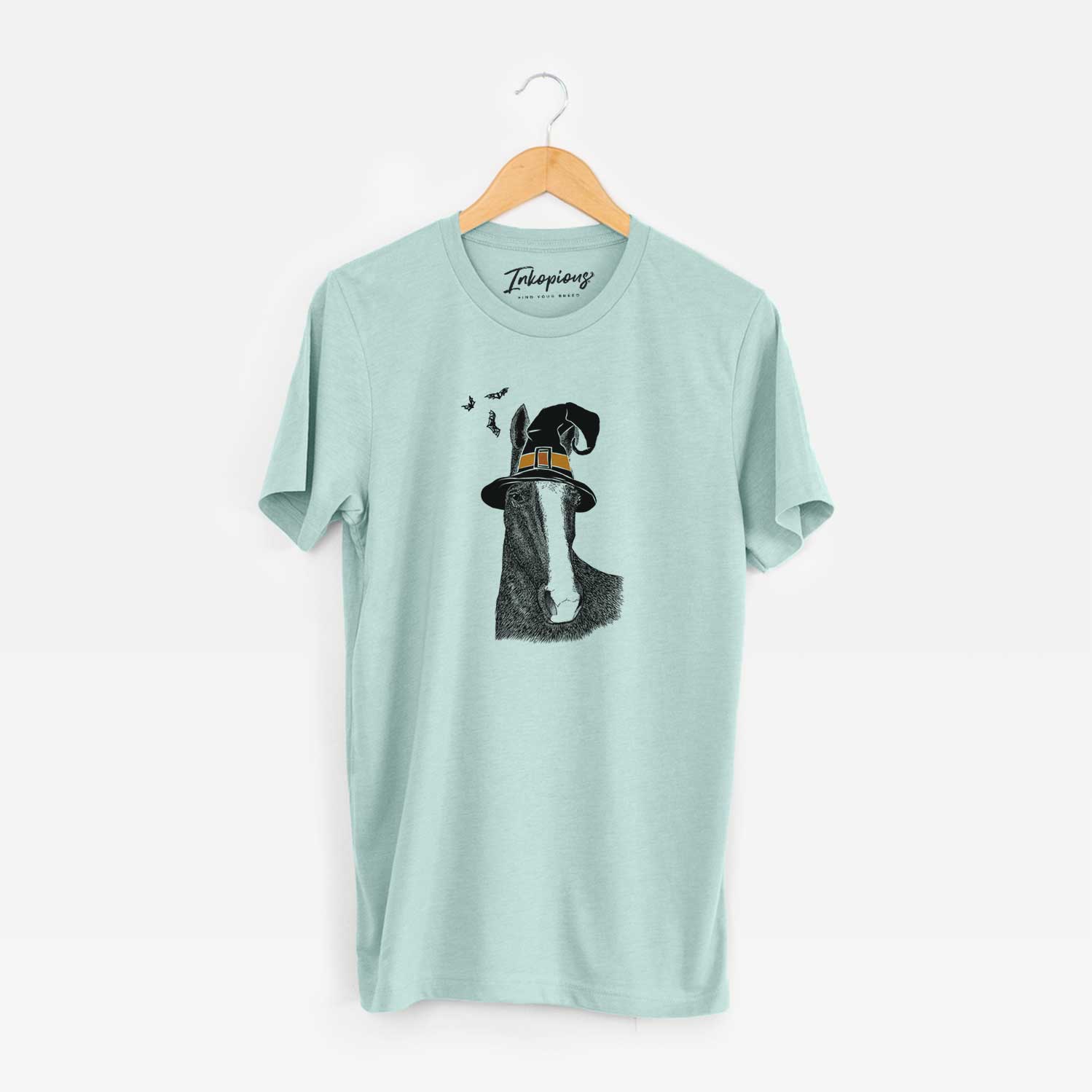 Hand-drawn sketch of Gibson the Tennessee Walking Horse wearing a witch hat on a Heather Sage Unisex crewneck
