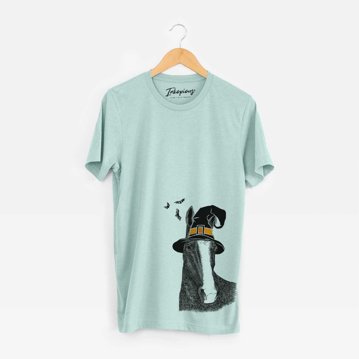 Hand-drawn sketch of Gibson the Tennessee Walking Horse wearing a witch hat on a Heather Sage Unisex crewneck