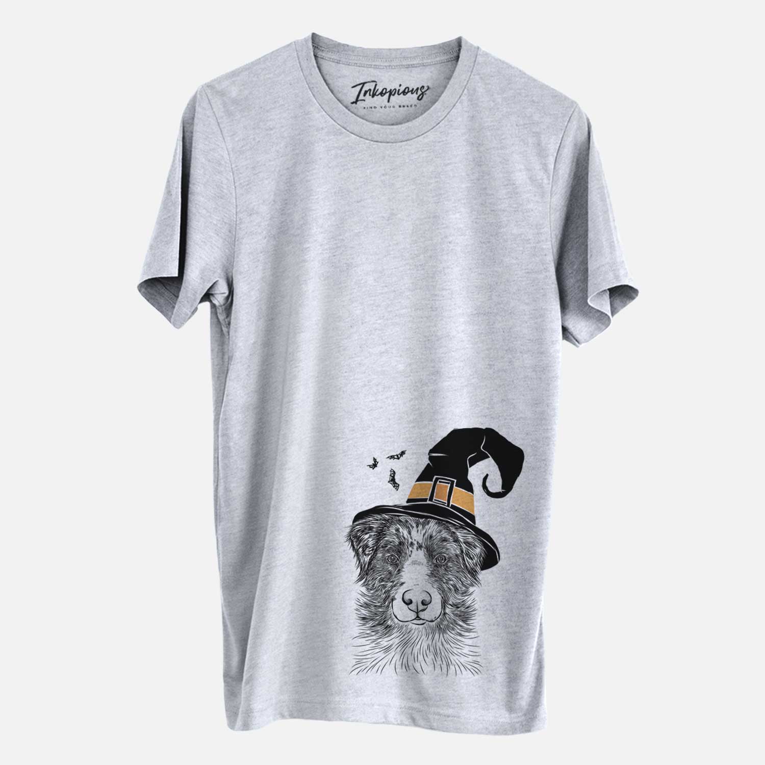 Hand-drawn sketch of Gram the Australian Shepherd wearing a witch hat on a Grey Unisex crewneck