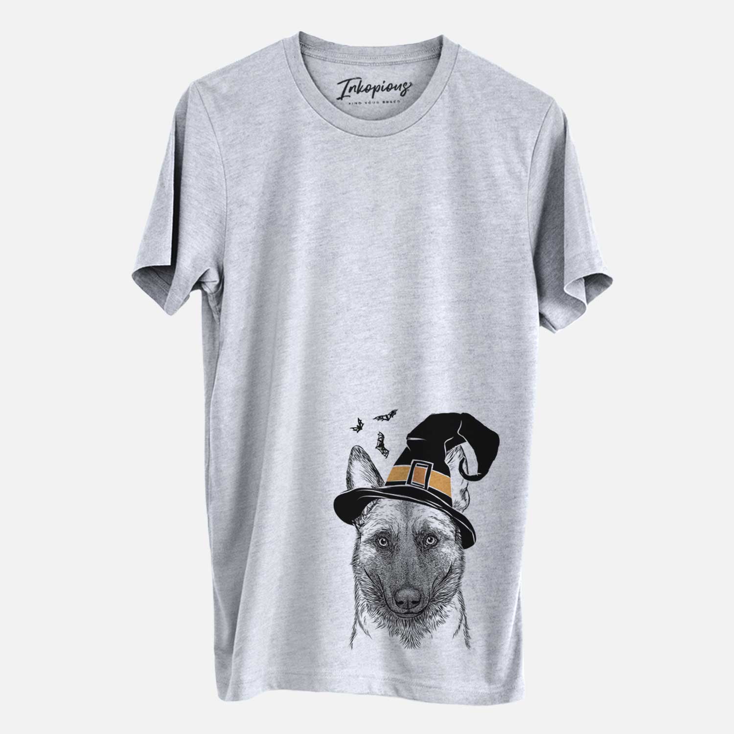 Hand-drawn sketch of Gunther the Belgian Malinois wearing a witch hat on a Grey Unisex crewneck