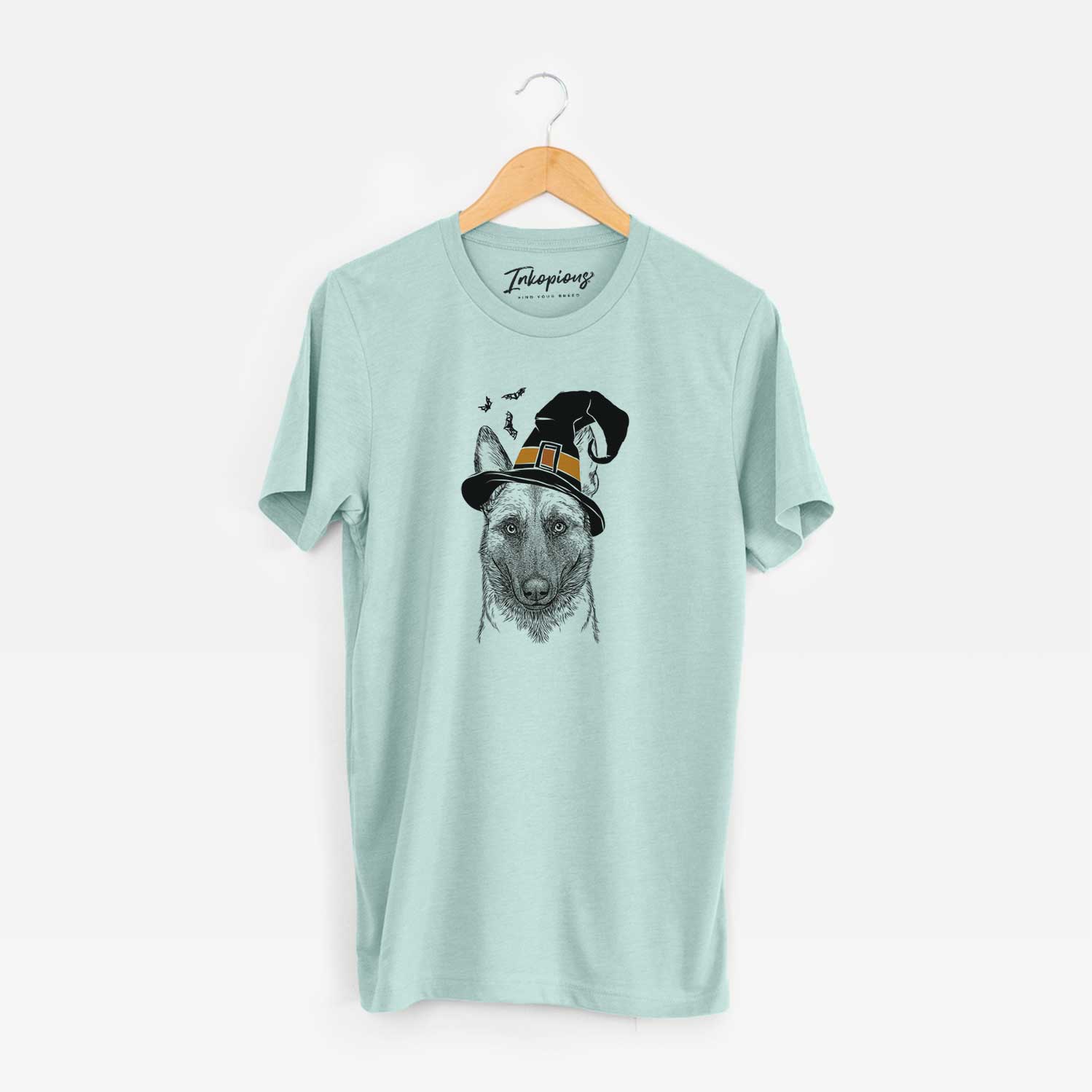 Hand-drawn sketch of Gunther the Belgian Malinois wearing a witch hat on a Heather Sage Unisex crewneck