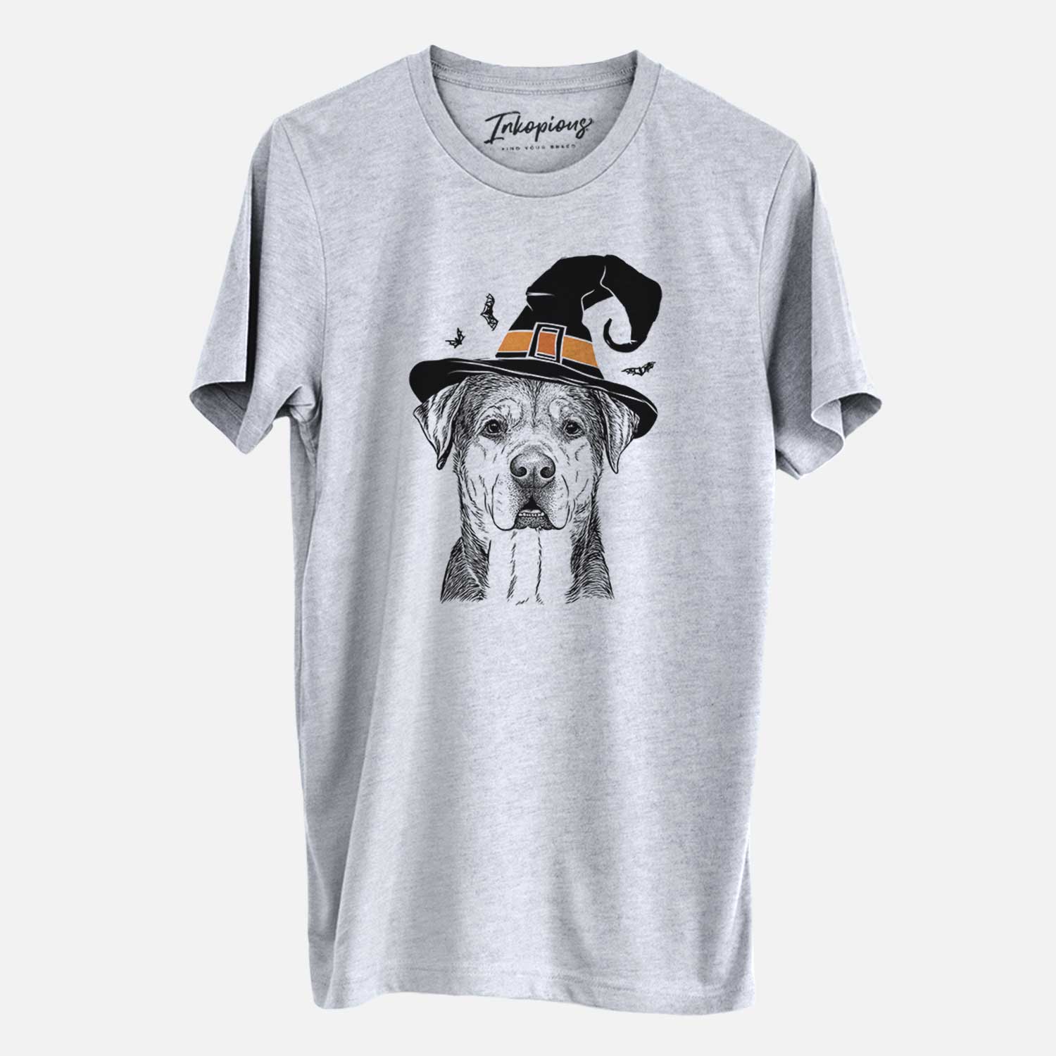 Hand-drawn sketch of Gus the Rottweiler Mix wearing a witch hat on a Grey Unisex crewneck
