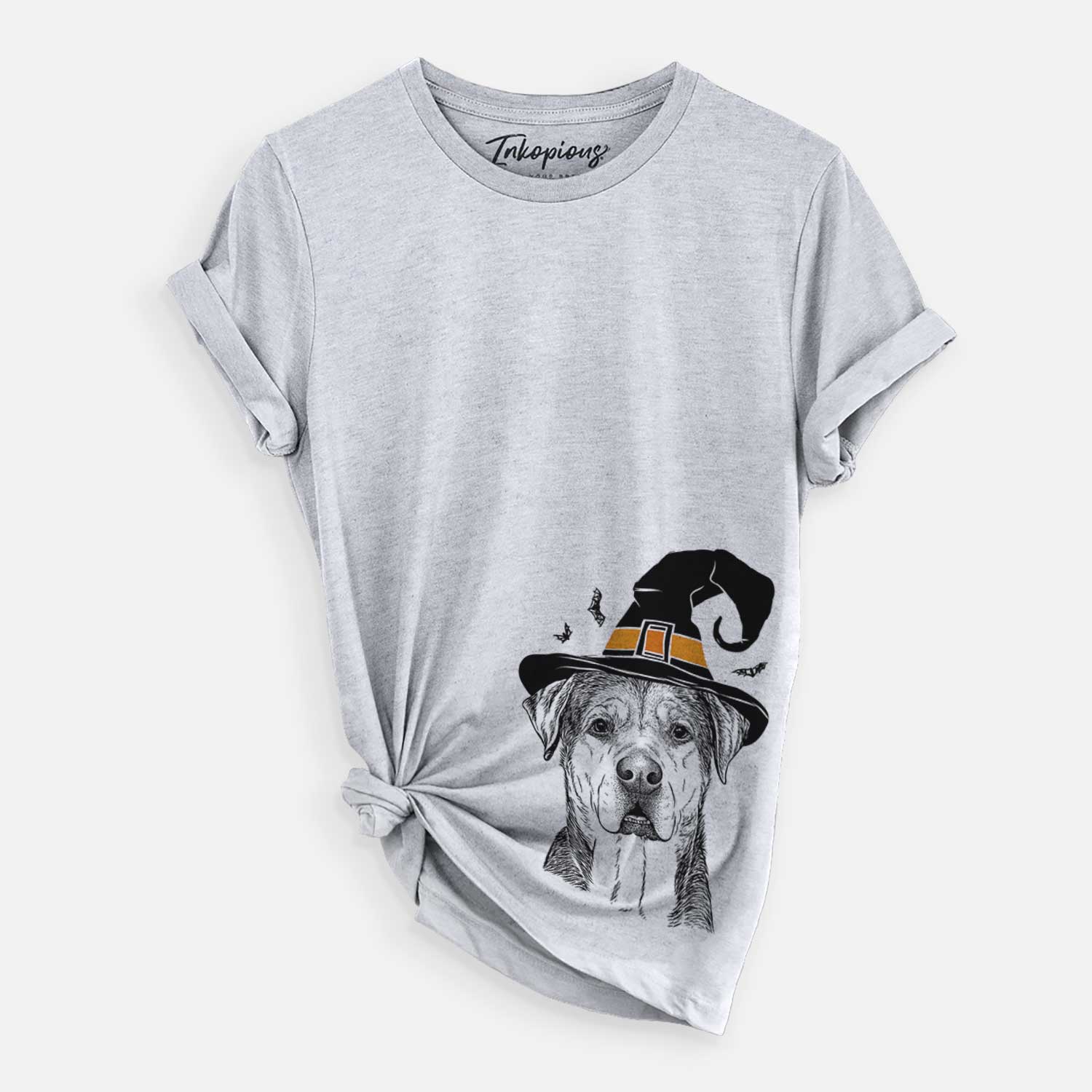 Hand-drawn sketch of Gus the Rottweiler Mix wearing a witch hat on a Grey Unisex crewneck