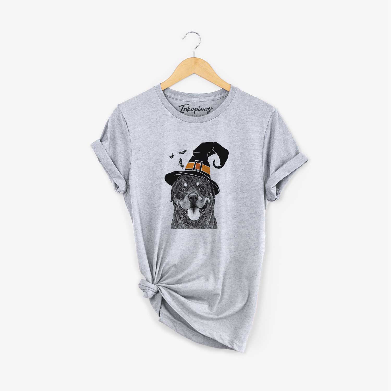 Hand-drawn sketch of Hagan the Rottweiler wearing a witch hat on a Grey Unisex crewneck