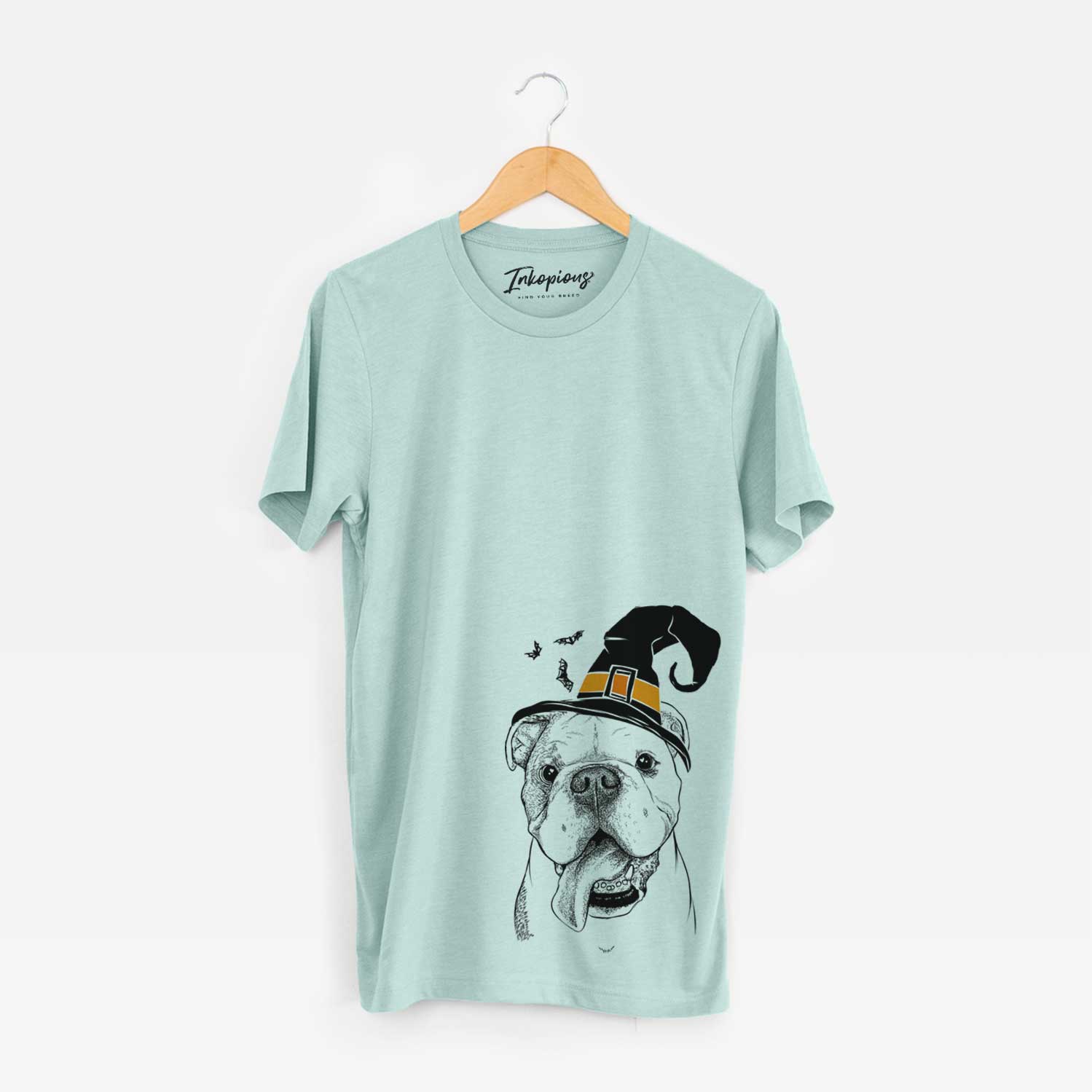 Hand-drawn sketch of Hank the English Bulldog wearing a witch hat on a Heather Sage Unisex crewneck