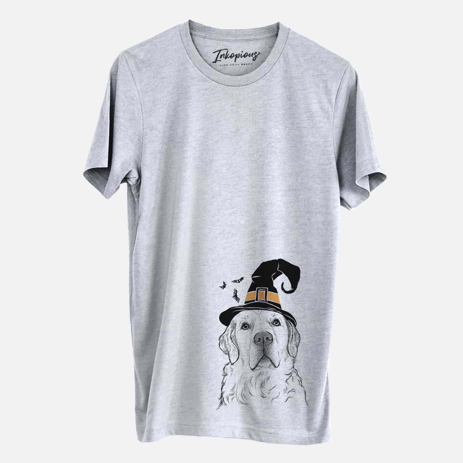 Hand-drawn sketch of Hank the Irish Cream Golden Retriever wearing a witch hat on a Grey Unisex crewneck