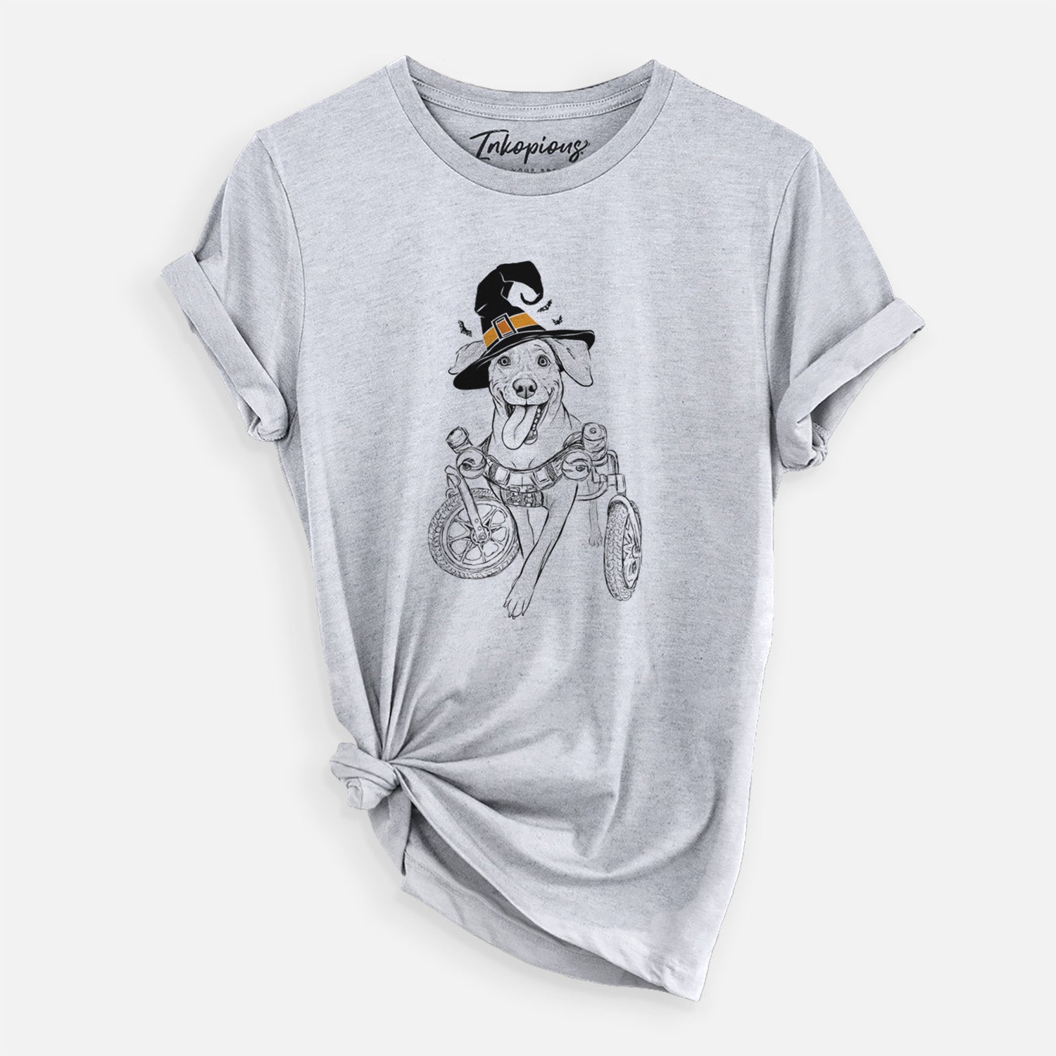 Hand-drawn sketch of Hannah the Pitbull Mix wearing a witch hat on a Grey Unisex crewneck