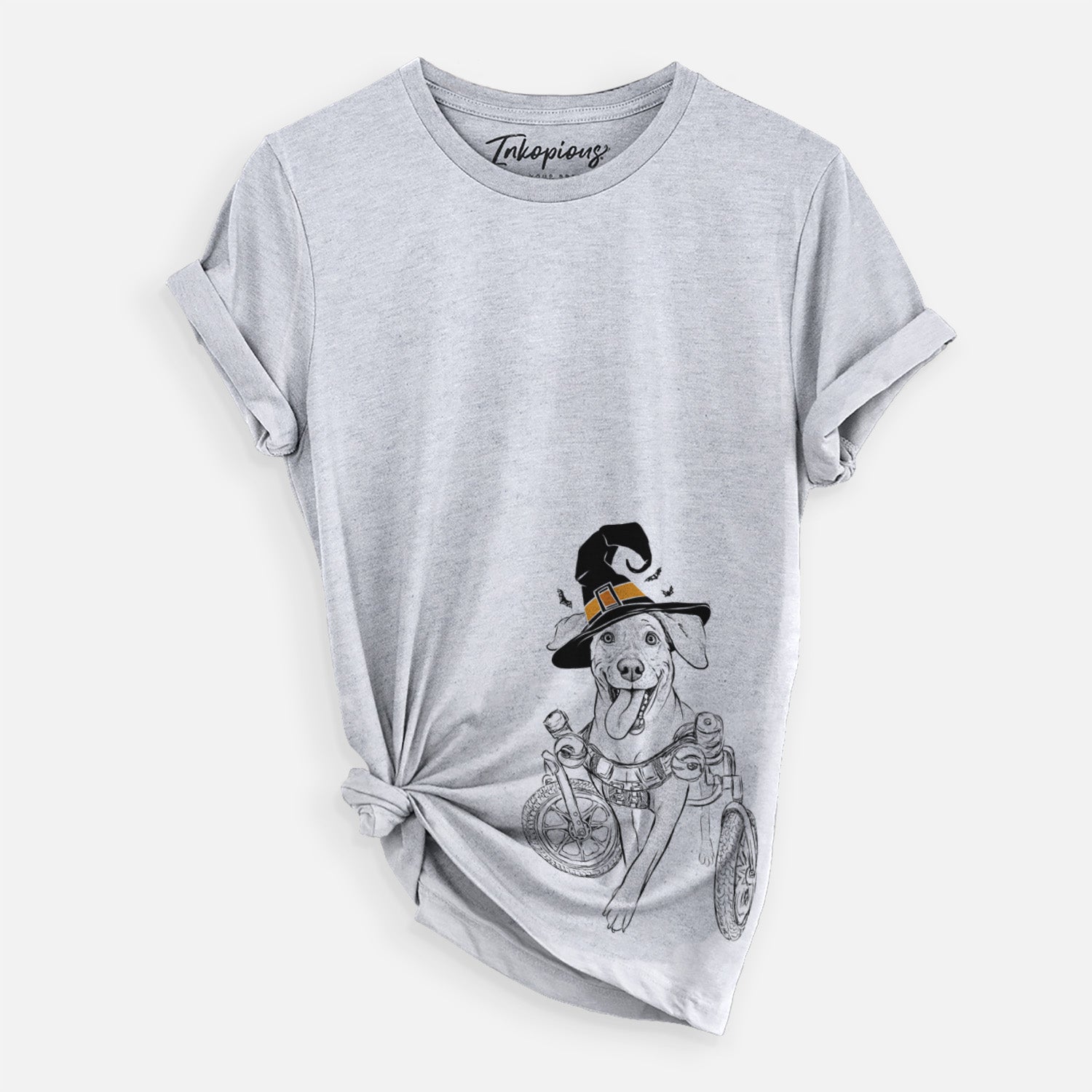 Hand-drawn sketch of Hannah the Pitbull Mix wearing a witch hat on a Grey Unisex crewneck
