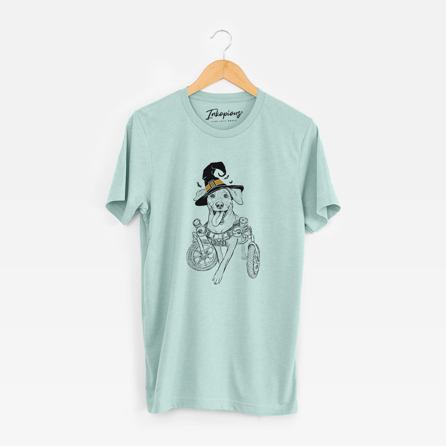 Hand-drawn sketch of Hannah the Pitbull Mix wearing a witch hat on a Heather Sage Unisex crewneck